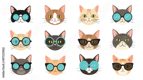 Collection of twelve different cat head illustrations wearing various styles of colorful sunglasses against a white background.