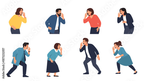 Diverse people shown shouting, calling out, or protesting with urgent facial expressions and dynamic body gestures.