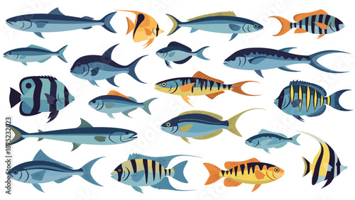 Large selection of diverse saltwater and freshwater fish species displaying various colors, patterns, and body shapes.