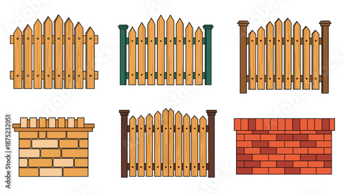 Collection of different garden fence designs made from wood and bricks to represent property boundaries and security.