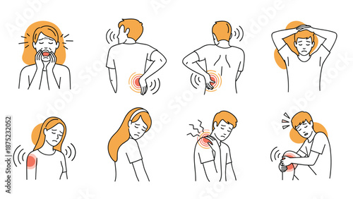 Illustrations showing people experiencing various types of physical pain in areas like the head, back, shoulders, and knees.