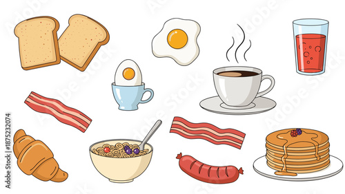 Assorted breakfast food and drink items including toast, eggs, bacon, cereal, coffee, juice, and pancakes for a morning meal.