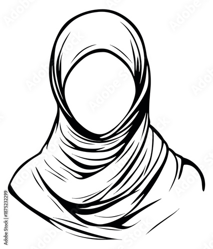 Hand drawn line art illustration of a woman depicting a faceless profile wearing a hijab for identity and cultural representation