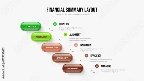 Visual Development Five Element Diagram Frame Design. Financial Review Slide Template Vector Illustration. Corporate Introduction 5 Option Infographic Presentation Layout.
