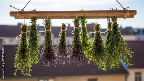 Bundles of fresh herbs hanging to dry outdoors