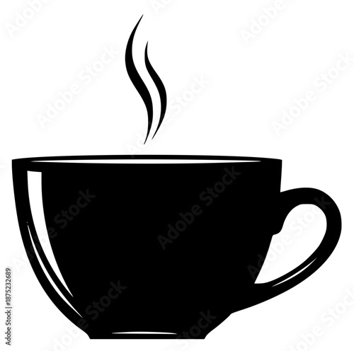 a black and white silhouette of a cup of hot coffee or tea, black, coffee, coffee cup, cup, hot, silhouette, steam, tea, against transparent background