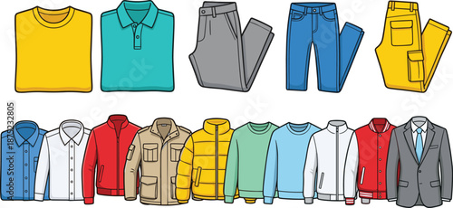 Men’s clothing set, t-shirts, polo, trousers, jeans, jackets, sweatshirts, suit, , stylish  fashion design, trendy outfit, flat vector illustration
