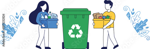 Recycling concept,  environment, reusable materials, foliage, people, flat vector illustration