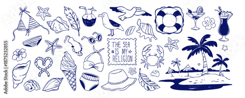 Sketch vintage beach elements with bikini and starfish, seashells and tropical icons. Hand drawn doodle collection of coconut drink and seagull, palm tree island and coastal vacation retro symbols
