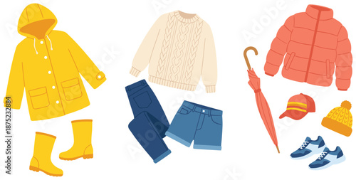 Seasonal clothing set, raincoat, boots, sweater, shorts, jacket, cap, knit hat, sneakers, umbrella, weather wear, fashion, apparel, , flat vector illustration