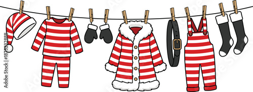 Santa clothesline set, holiday outfit,  cozy garments, flat vector illustration