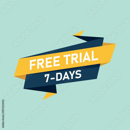 A vibrant yellow and navy blue ribbon banner advertises a seven day free trial offer