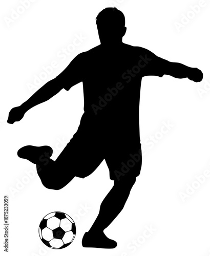 a silhouette of a man kicking a soccer ball, ball, kick, man, play, silhouette, soccer ball, soccer player, against transparent background