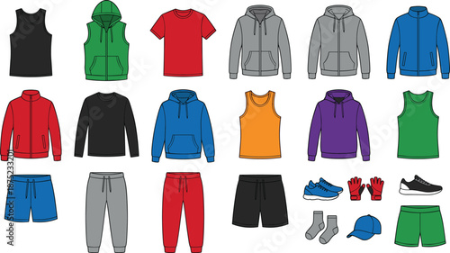 Casual sportswear set, hoodies, sweatshirts, t-shirts, clothing grid, stylish garments, flat vector illustration