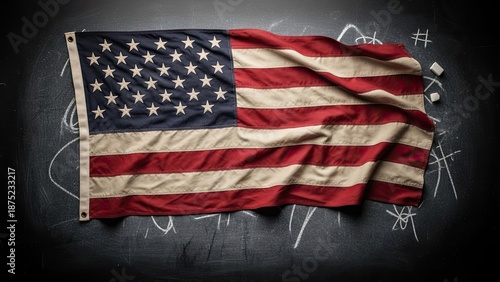 American flag on chalkboard background with white chalk marks