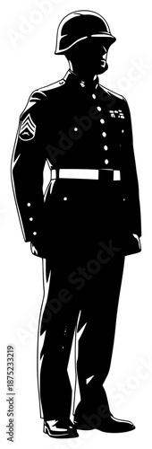 a black and white illustration of a police officer standing in uniform, black, illustration, man, officer, police officer, silhouette, soldier, stand, uniform, against transparent background