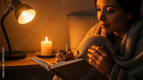 Woman writing in journal by warm candlelight at night