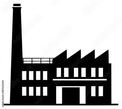 the black silhouette of an industrial building with a chimney on a , black, building, chimney, factory, icon, illustration, industrial, silhouette, style, against transparent background