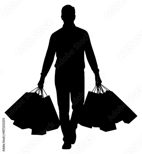 a black silhouette of a happy man carrying shopping bags in his hands, bag, black, carry, hand, happy, hold, man, shopping bag, silhouette, walk, against transparent background