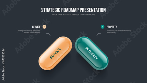 Financial Profile Two Element Diagram Slideshow Template. Enterprise Solution Slide Design Vector Illustration. Advertising Showcase 2 Step Infographic Presentation Layout.