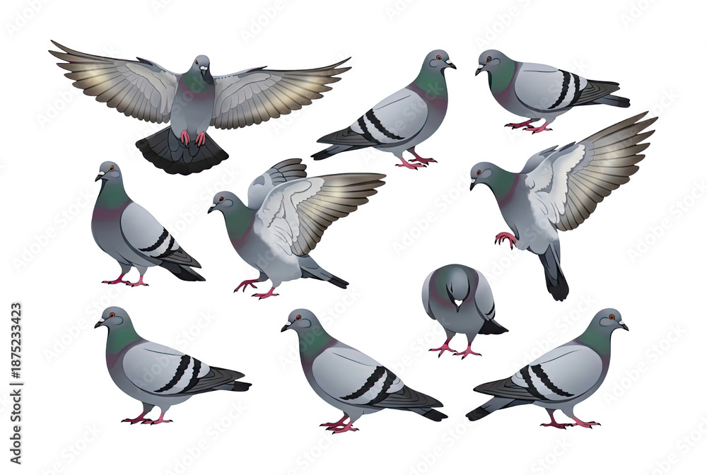 Obraz premium Ten stylized pigeons in various poses, urban birds in flight and standing
