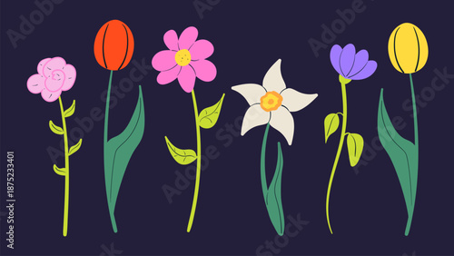 Spring hand drawn colorful flowers. Flat vector illustration.