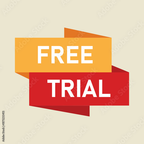 A vibrant graphic displaying a free trial offer with bold text and ribbon design
