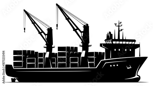 a black and white silhouette of a boat with containers in the port with large cranes, black, boat, cargo ship, container, crane, dock, large, port, ship, silhouette, against transparent background