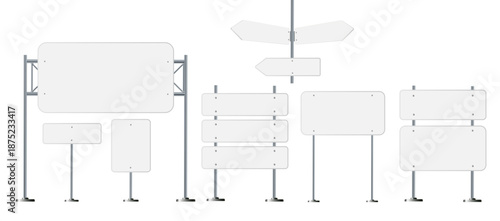 Road, traffic signs. Highway signboard on metal pole. Blank white board with place for text. Directional signage and wayfinder. information sign vector mockup.