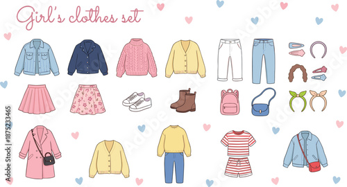 Flat vector illustration, girl’s clothes set, fashion icon bundle, kids apparel design, pastel outfit elements, stylish wardrobe graphics, trendy accessories pack,  