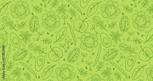 Seamless pattern with hand drawn healthy food elements, avocado, cauliflower, leafy greens, herbs on fresh green background, organic vegan diet texture for packaging, wallpaper, textile, wrapping pape
