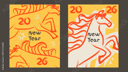 Chinese New Year 2026 poster card set. Year of the Fire Horse. Flat vector illustration.
