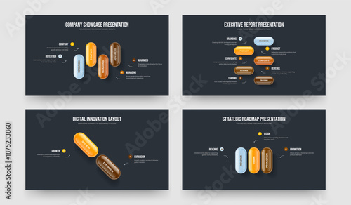 Modern Showcase 4 5 2 3 Step Diagram Slideshow Layout Collection. Investor Forecast Four Five Two Three Element Infographic Frame Template Vector Illustration Bundle.