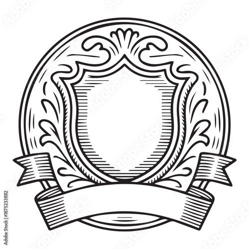 Detailed vintage shield with ornate frame and ribbon banner illustration