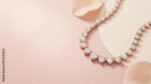 Valentine minimal premium background with copy space Elegant Rose Gold Necklace with Heart-Shaped Diamonds on Pink Background Valentine elegant commercial design for branding