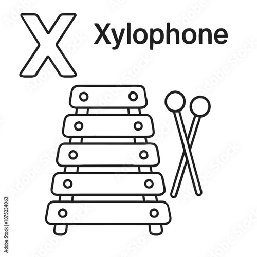Alphabet Coloring Page Featuring Letter X and Xylophone