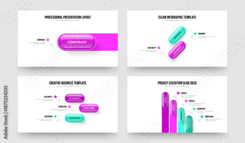 Consulting Forecast 1 2 3 4 Element Diagram Presentation Template Bundle. Digital Innovation One Two Three Four Step Infographic Slide Layout Vector Illustration Collection.