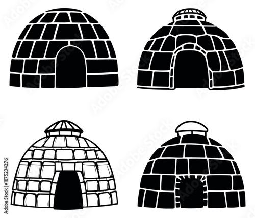 Hand drawn igloo icon set featuring different arctic shelters for winter designs