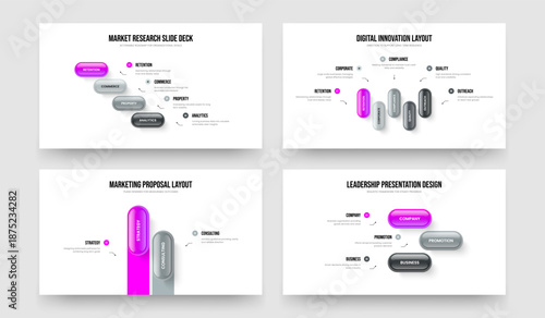 Visual Analysis 4 5 2 3 Step Infographic Slide Layout Set. Product Briefing Four Five Two Three Element Diagram Frame Template Vector Illustration Collection.