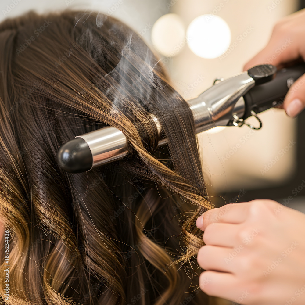 Fototapeta premium Woman curling hair with curling iron in salon
