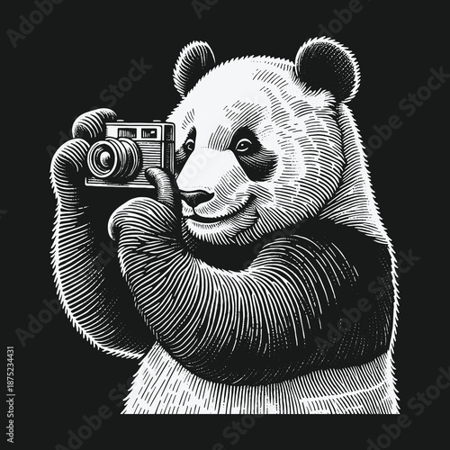 Panda Bear Photographer Capturing Moments with Vintage Camera.