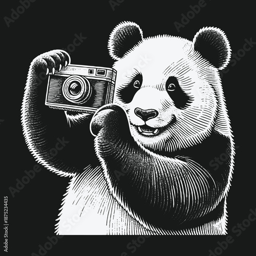 Panda Photographer: Capturing Moments with a Vintage Camera.