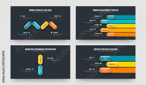 Project Solution Four Five Two Three Element Diagram Slide Layout Vector Illustration Set. Consulting Plan 4 5 2 3 Step Infographic Frame Design Collection.