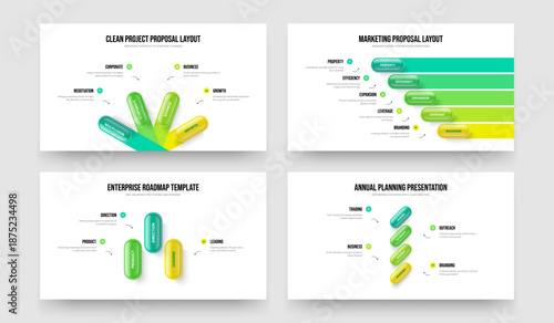 Product Strategy 4 5 3 Step Diagram Slide Layout Collection. Service Portfolio Four Five Three Element Infographic Presentation Design Vector Illustration Bundle.