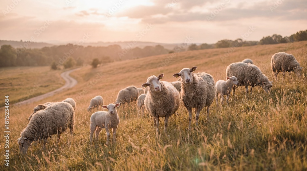 Fototapeta premium A flock of sheep grazes in a golden field during sunset. The landscape features rolling hills and a winding dirt road in the background.