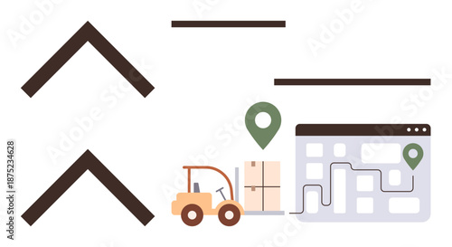 Supply chain, logistics, delivery management, inventory tracking, shipping, transportation. Forklift loading boxes next to a map and warehouse route. Supply chain and logistics concept