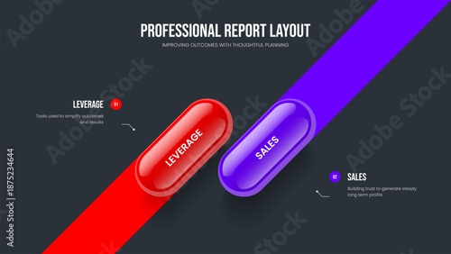 Service Strategy Slideshow Template Vector Illustration. Marketing Portfolio 2 Option Diagram Slide Layout. Enterprise Forecast Two Element Infographic Frame Design.