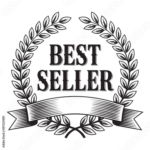 Black and white laurel wreath with best seller ribbon and text