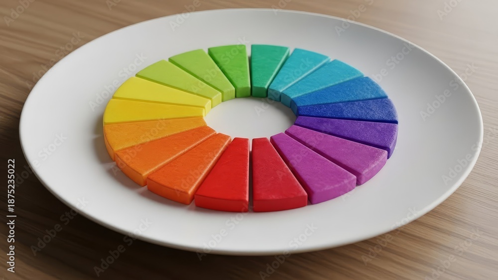 Fototapeta premium A color wheel made of painted wooden blocks forms a circle on a white plate atop a wood surface