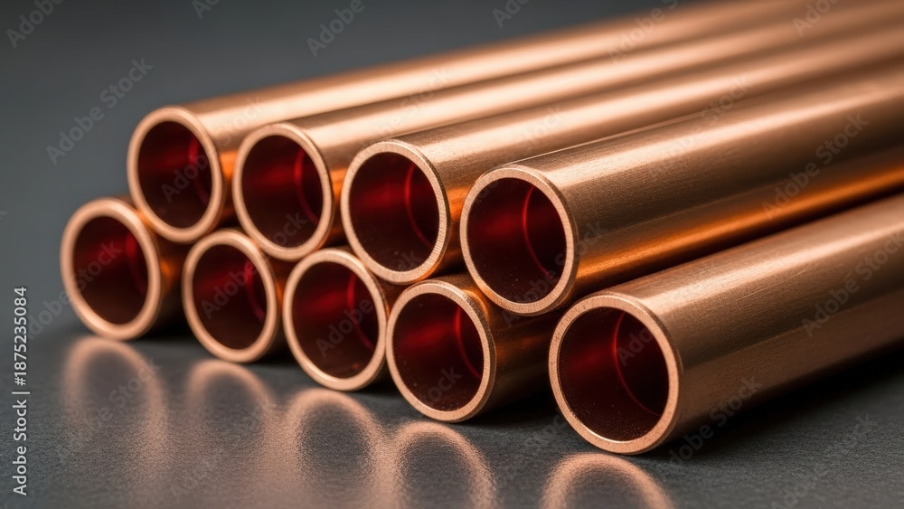 Fototapeta premium Polished copper pipes, tightly arranged with seamless curves, exhibit reflective surfaces on a dark background, highlighting precious metal materials